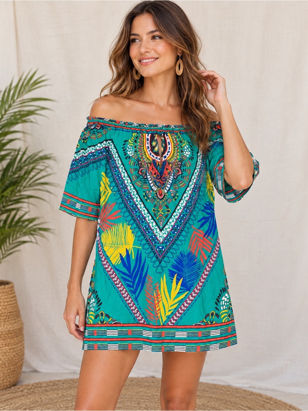 Freemarket by Flying Tomato L Teal Tropical Off Shoulder Boho Mini Dress